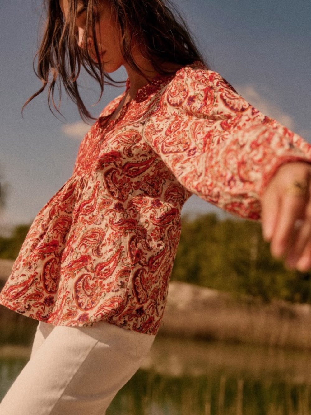 SÉZANE Burnt Orange Floral Embroidered Long Sleeve Vadim Blouse size Medium
